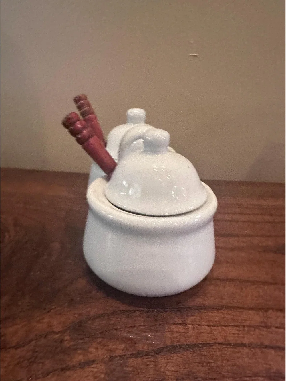 Ceramic Double Condiment Server With Wood Handled Spoons